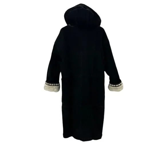 Vintage Sin by Morgan Cooper Black Suede Faux Fur Hooded Trench Coat Jacket L - Picture 7 of 16